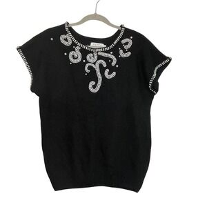 Extra Energy Vintage Black Silk Angora Pearl Beaded Short Sleeve Sweater M